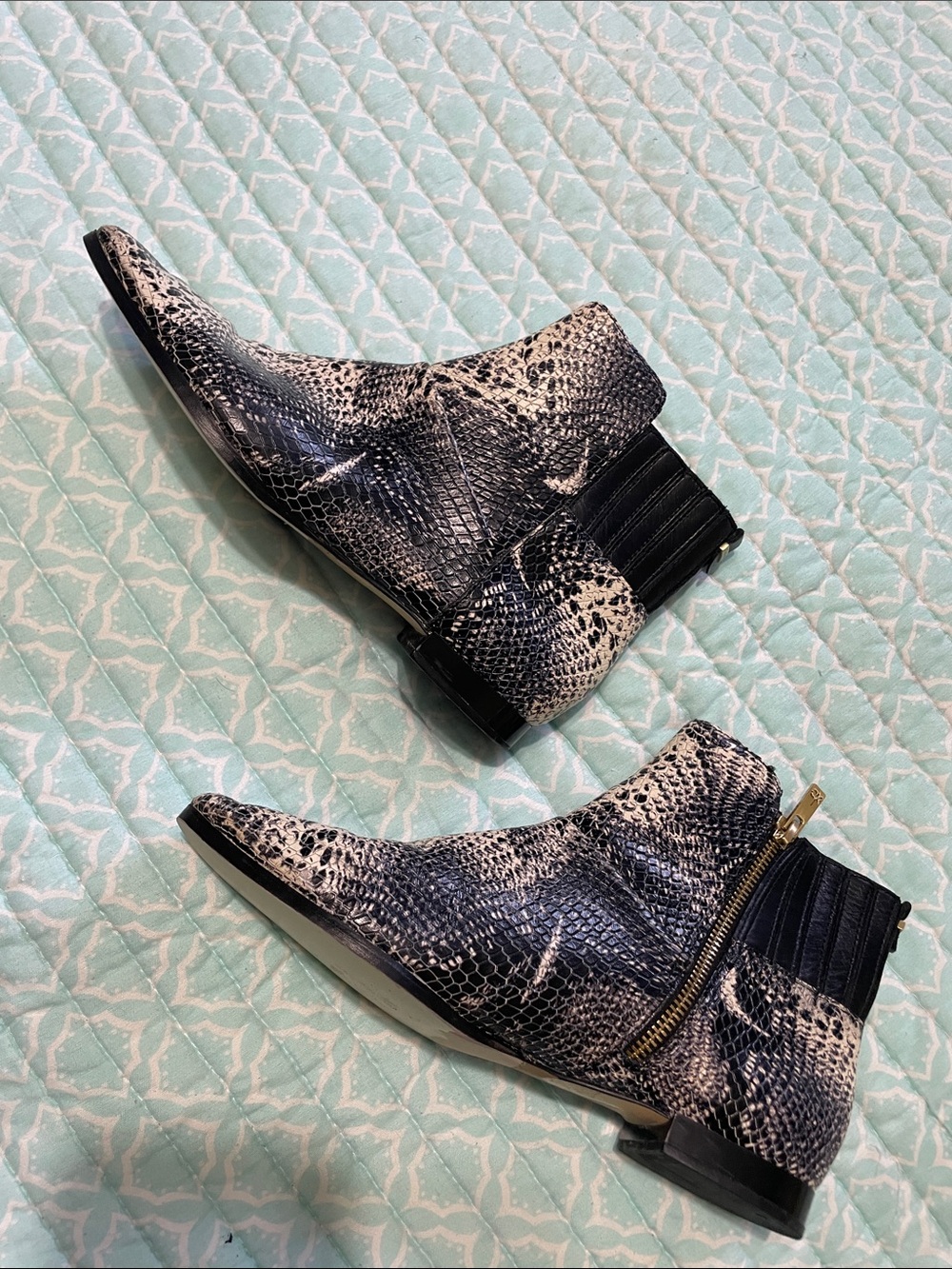 snake print pointed toe flat boots